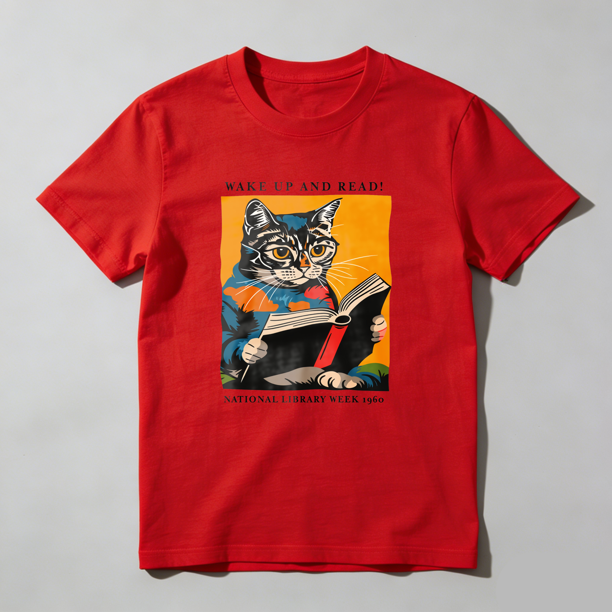Wardrobecart Cat Reading Book With Text Wake Up And Read National Library Week 1960 Tshirt 100% cotton