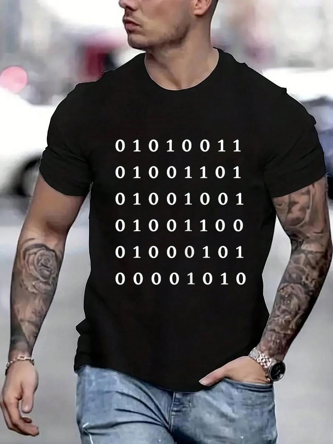 Vintage Graphic T-Shirt Binary Code Pattern Casual Wear For Tech Lovers And Geeks_voghion.com