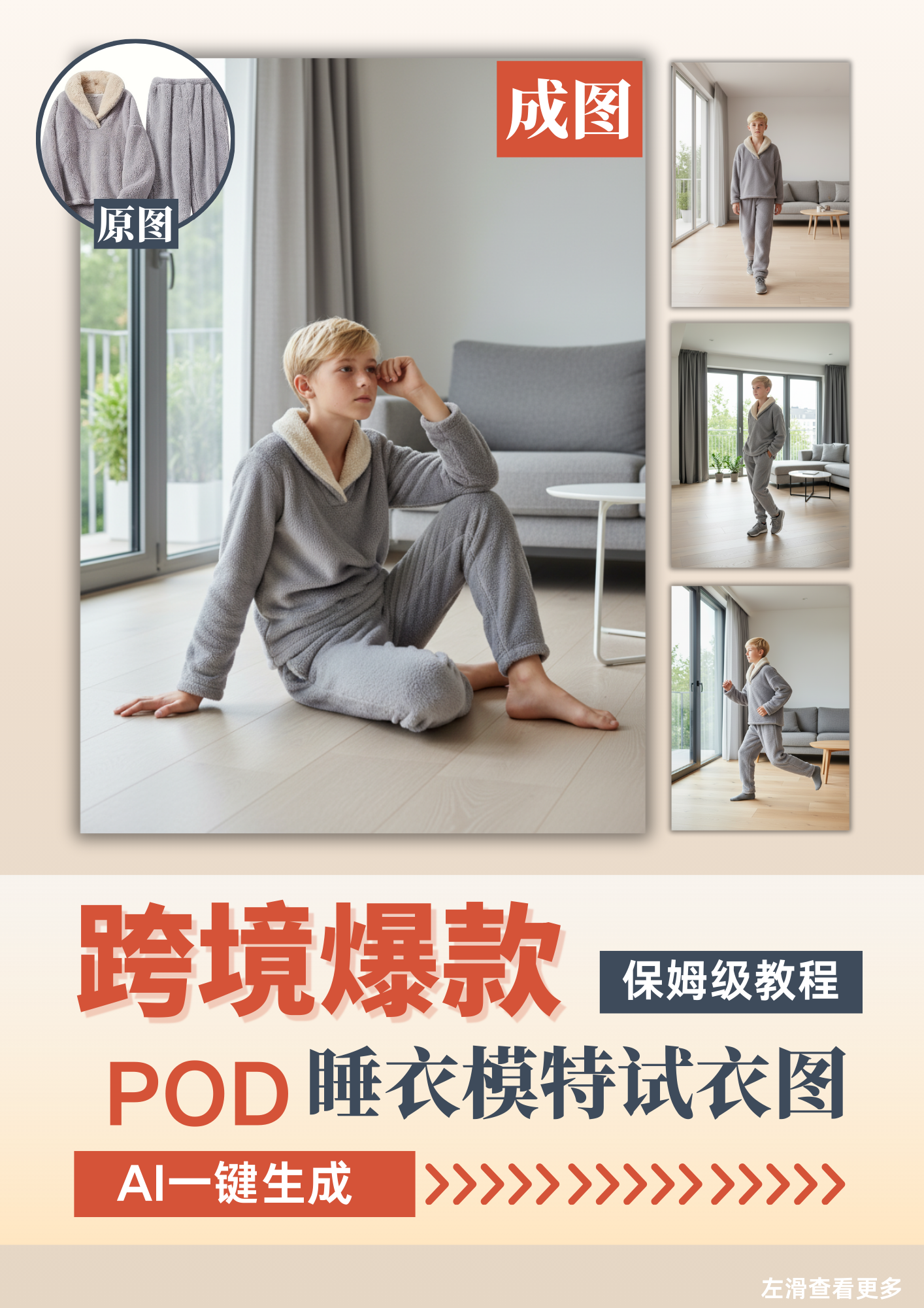 跨境卖家痛点终结!1个AI“模特试衣”功能,搞定所有睡衣的平拍图转爆款主图!_灵图POD设计